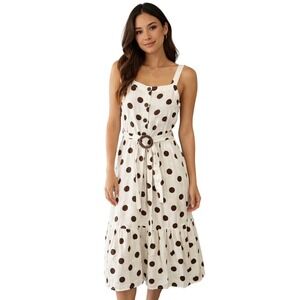 Monteau Los Angeles Brown Polka Dot Linen Blend Midi Dress Womens Medium Belted